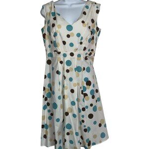 Sz.10*Tally Taylor*Off-White/Aqua/Brown "Circles"-Print Knee-Length Dress